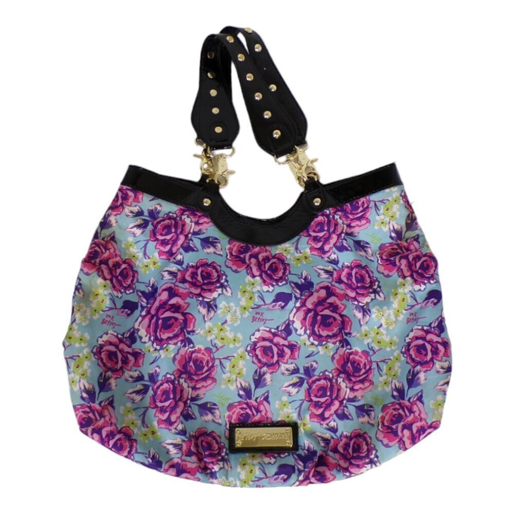 Betsey Johnson Hobo style shoulder bag.  Roses on blue background. #1251 - Picture 2 of 9